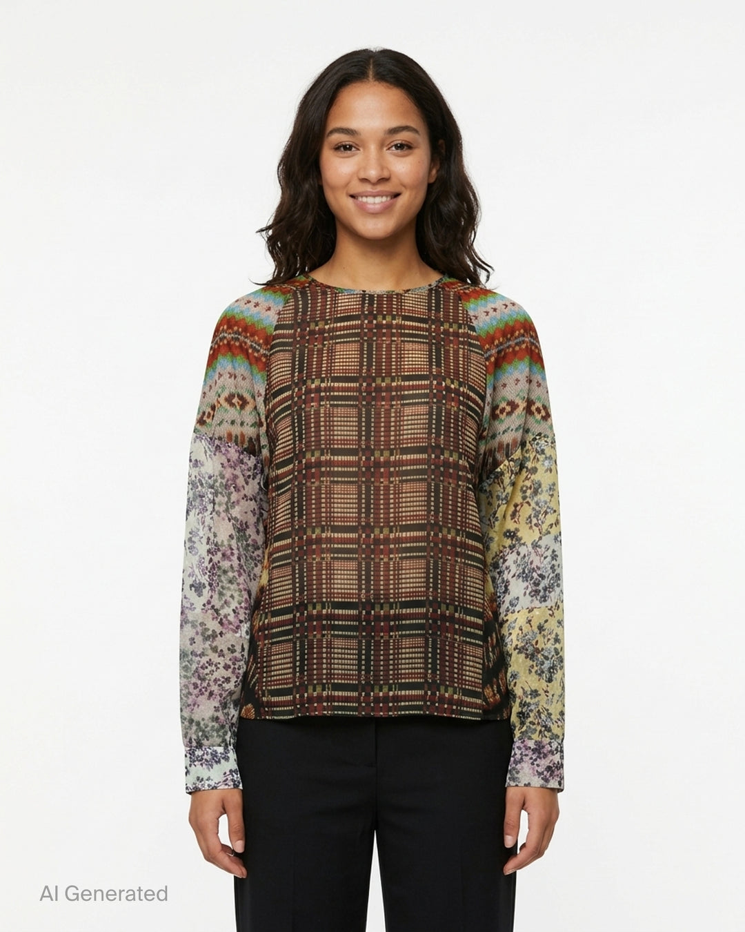 Dries Van Noten long-sleeve woven top — back view — with a Dutch Master floral bouquet print on a black body and pixelated mosaic-print sleeves in warm amber, red, and multicolour tones - front