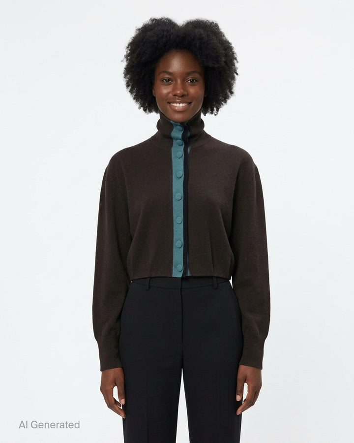 Dries Van Noten Contrast Trim Cardigan in dark brown with a teal ribbed button placket and high funnel neck, cropped silhouette with long sleeves - front
