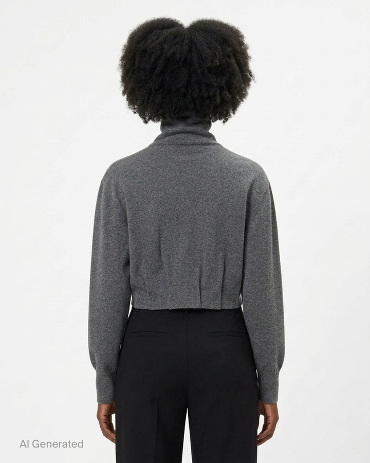 Dries Van Noten Contrast Trim Cardigan in dark brown with a teal ribbed button placket and high funnel neck, cropped silhouette with long sleeves - back