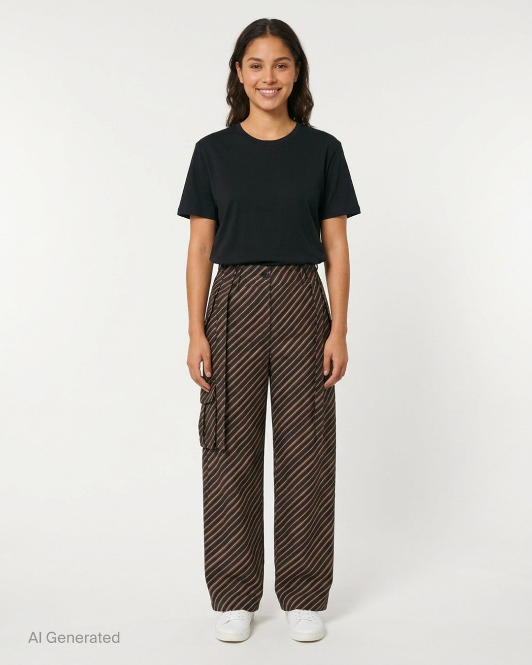 Dries Van Noten diagonal stripe wide-leg cargo pants in navy, brown and cream with pleated waist and gathered pockets - front