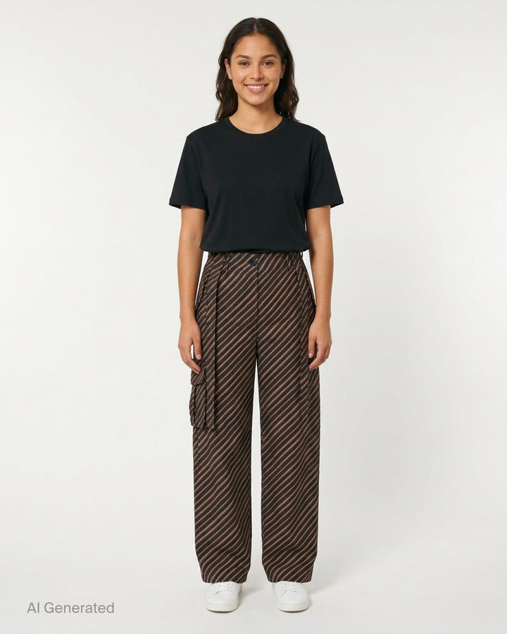 Dries Van Noten diagonal stripe wide-leg cargo pants in navy, brown and cream with pleated waist and gathered pockets - front