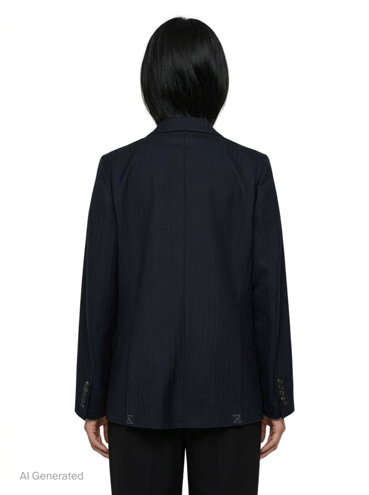 Dries Van Noten navy double breasted blazer with six dark buttons, peak lapels, and an ornate gold floral embellishment on the chest - back