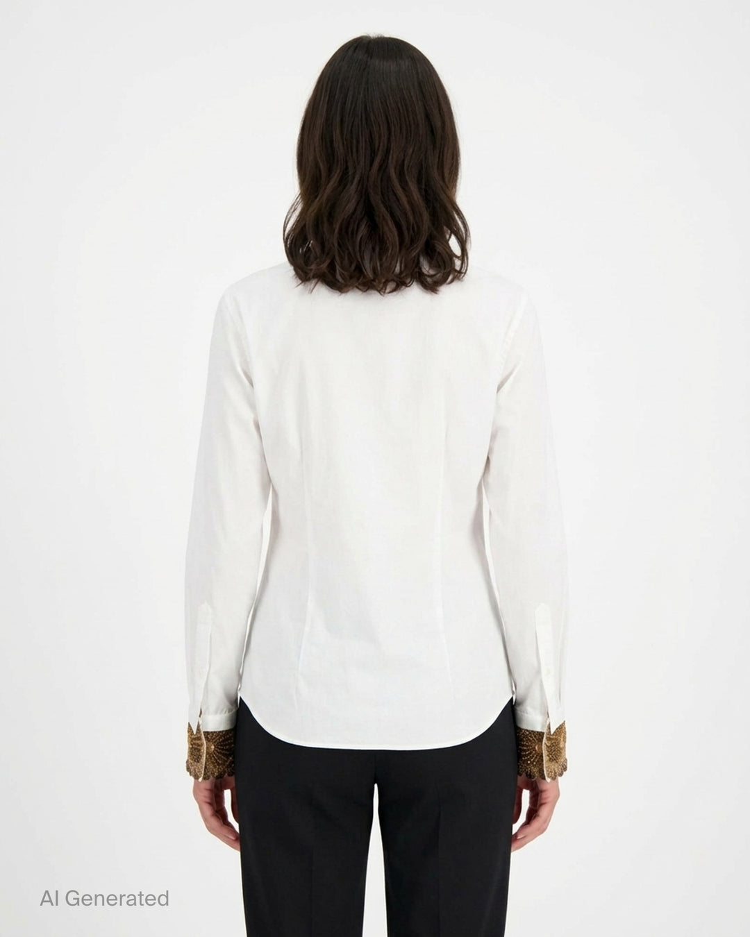 Dries Van Noten white long-sleeve blouse with ornate gold beaded and embroidered cuffs, front view on a ghost mannequin - back