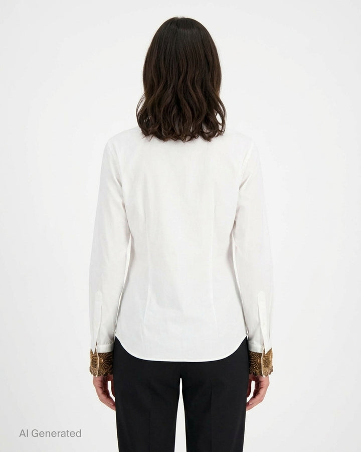 Dries Van Noten white long-sleeve blouse with ornate gold beaded and embroidered cuffs, front view on a ghost mannequin - back