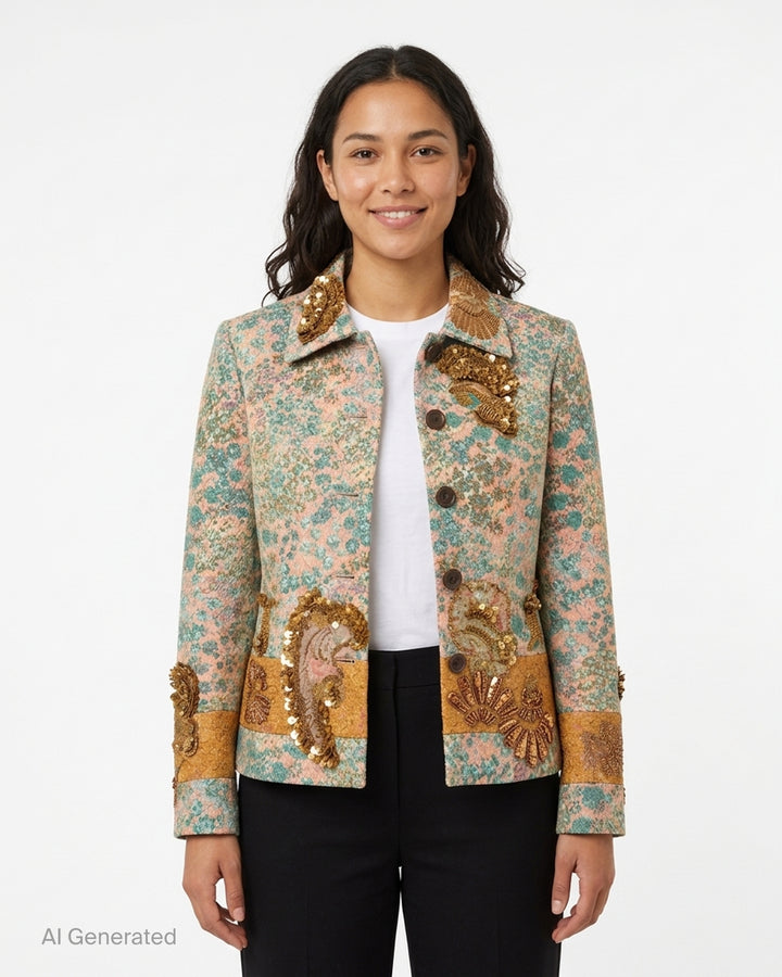 Dries Van Noten lightweight floral jacquard jacket with gold sequin and bead embroidery, golden brocade hem and cuff bands, and button-through front - front