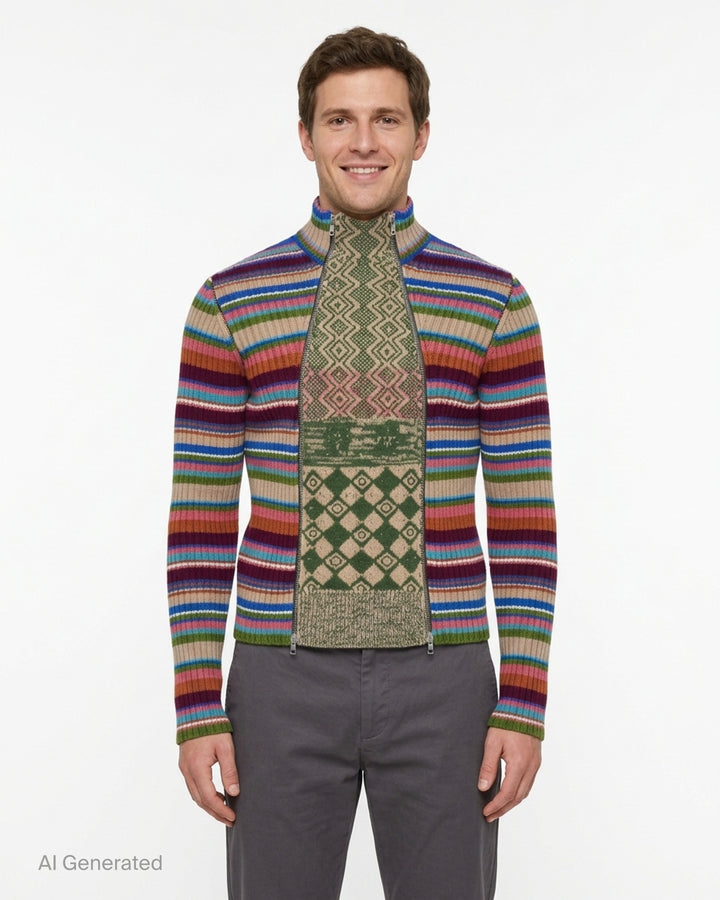 Dries Van Noten fitted rib cardigan with multicoloured horizontal stripes, a green and beige jacquard front panel, and dual zip closure - front
