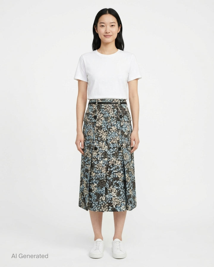 Dries Van Noten floral jacquard straight midi skirt with double-breasted button placket, flap pockets, belt loops with contrast ribbon belt, and front hem pleats, displayed flat on a white background - front