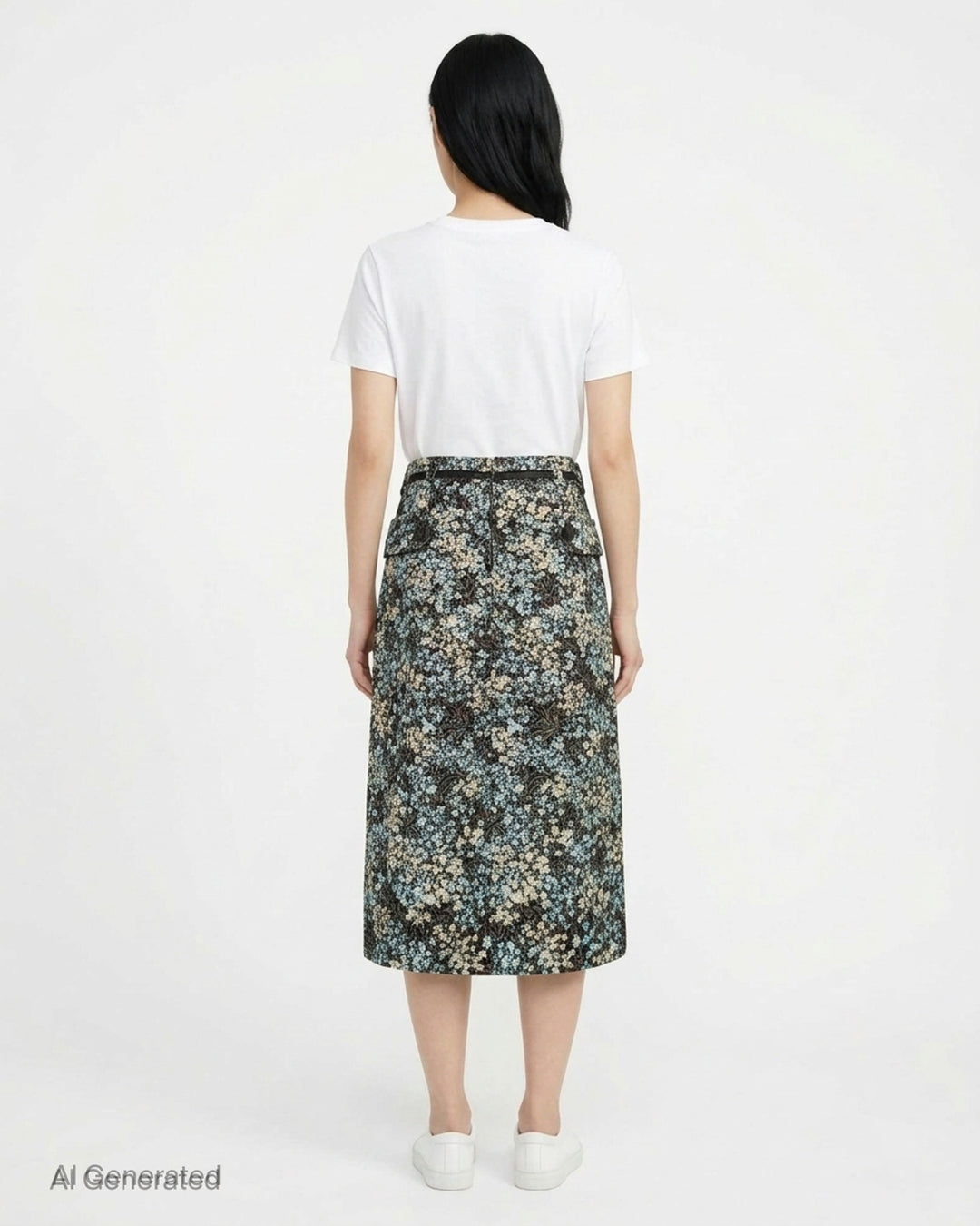 Dries Van Noten floral jacquard straight midi skirt with double-breasted button placket, flap pockets, belt loops with contrast ribbon belt, and front hem pleats, displayed flat on a white background - back