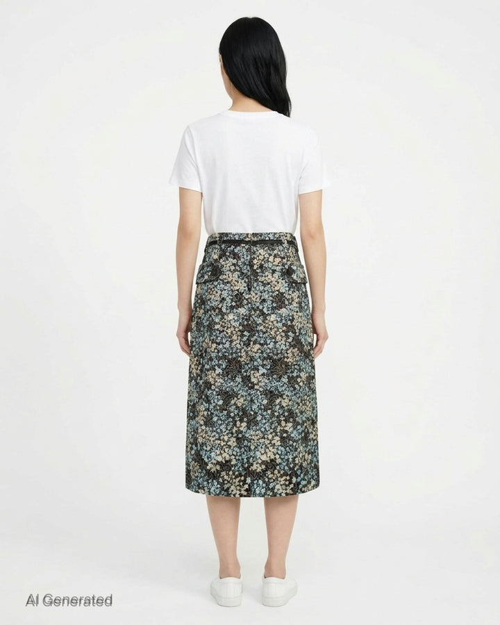 Dries Van Noten floral jacquard straight midi skirt with double-breasted button placket, flap pockets, belt loops with contrast ribbon belt, and front hem pleats, displayed flat on a white background - back