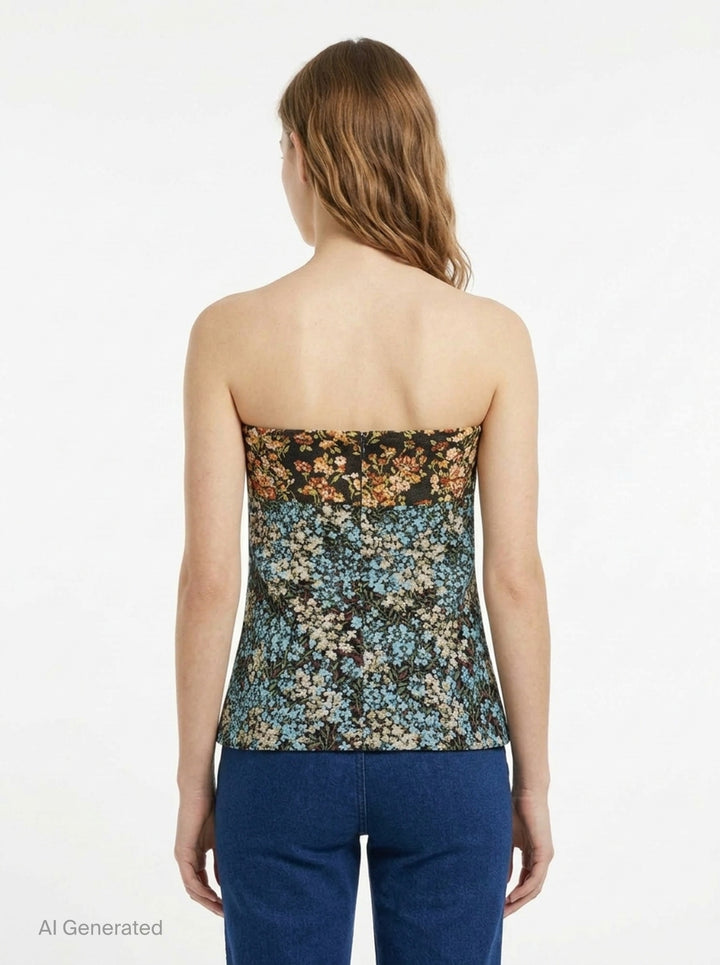 Dries Van Noten structured strapless bustier top in mixed floral jacquard patchwork, featuring a dark-ground botanical upper panel and a blue-ground meadow floral lower panel with a gently flared silhouette - back