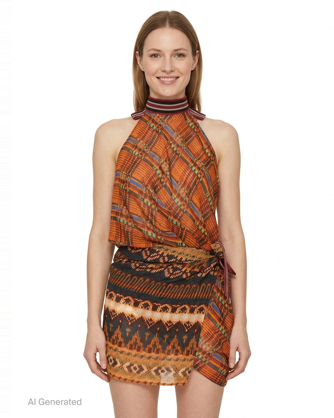Dries Van Noten Foulard Wrap Skirt with kente-inspired mesh halterneck bodice, striped ribbed collar, and ikat-border draped wrap skirt in amber, charcoal, and burgundy - front