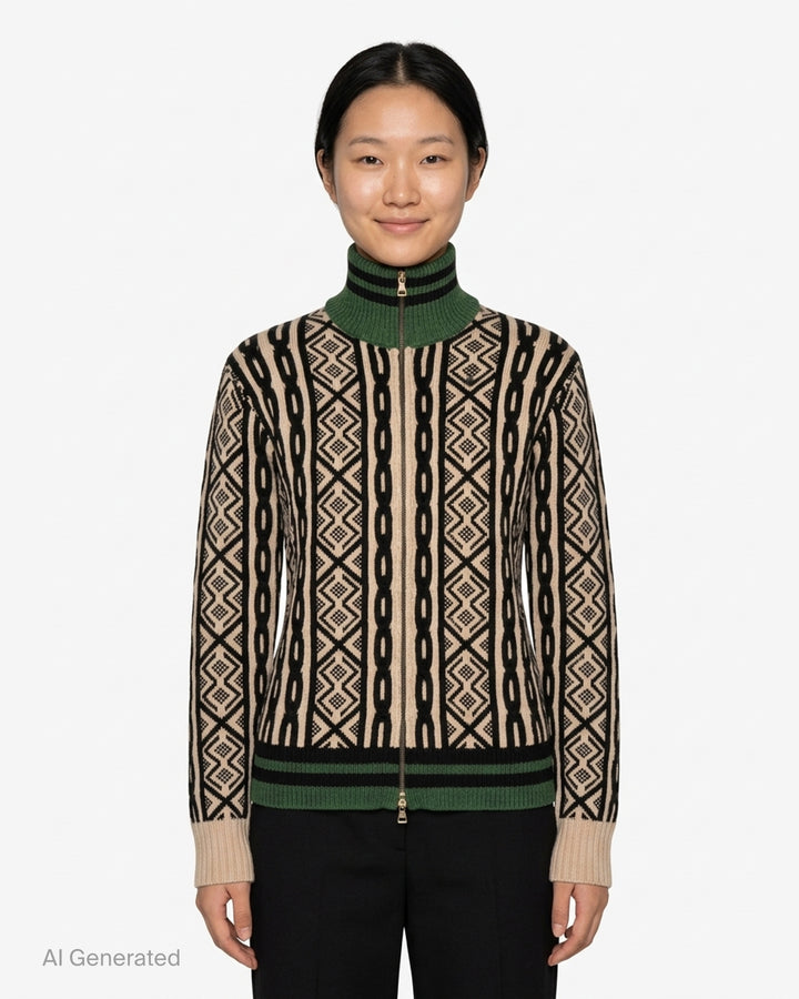 Dries Van Noten zip-front cardigan with cream and black cable and geometric jacquard knit, green striped ribbed high neck and hem - front
