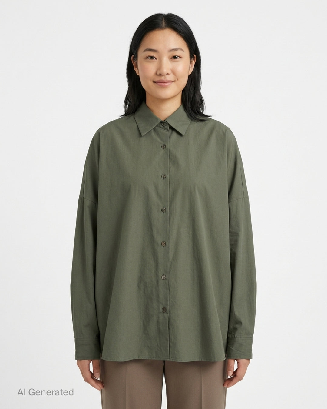 Dries Van Noten oversized cocoon shirt in olive green with pointed collar, dropped shoulders, long voluminous sleeves and button-front closure - front