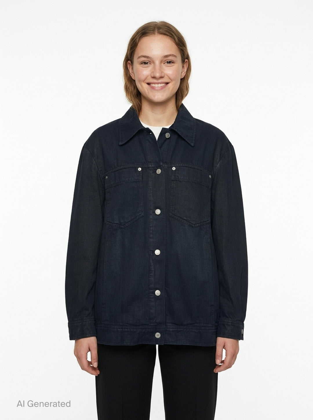 Dries Van Noten oversized black denim jacket with silver snap buttons, dual chest pockets, and trucker-style yoke seaming, displayed flat on a white background - front