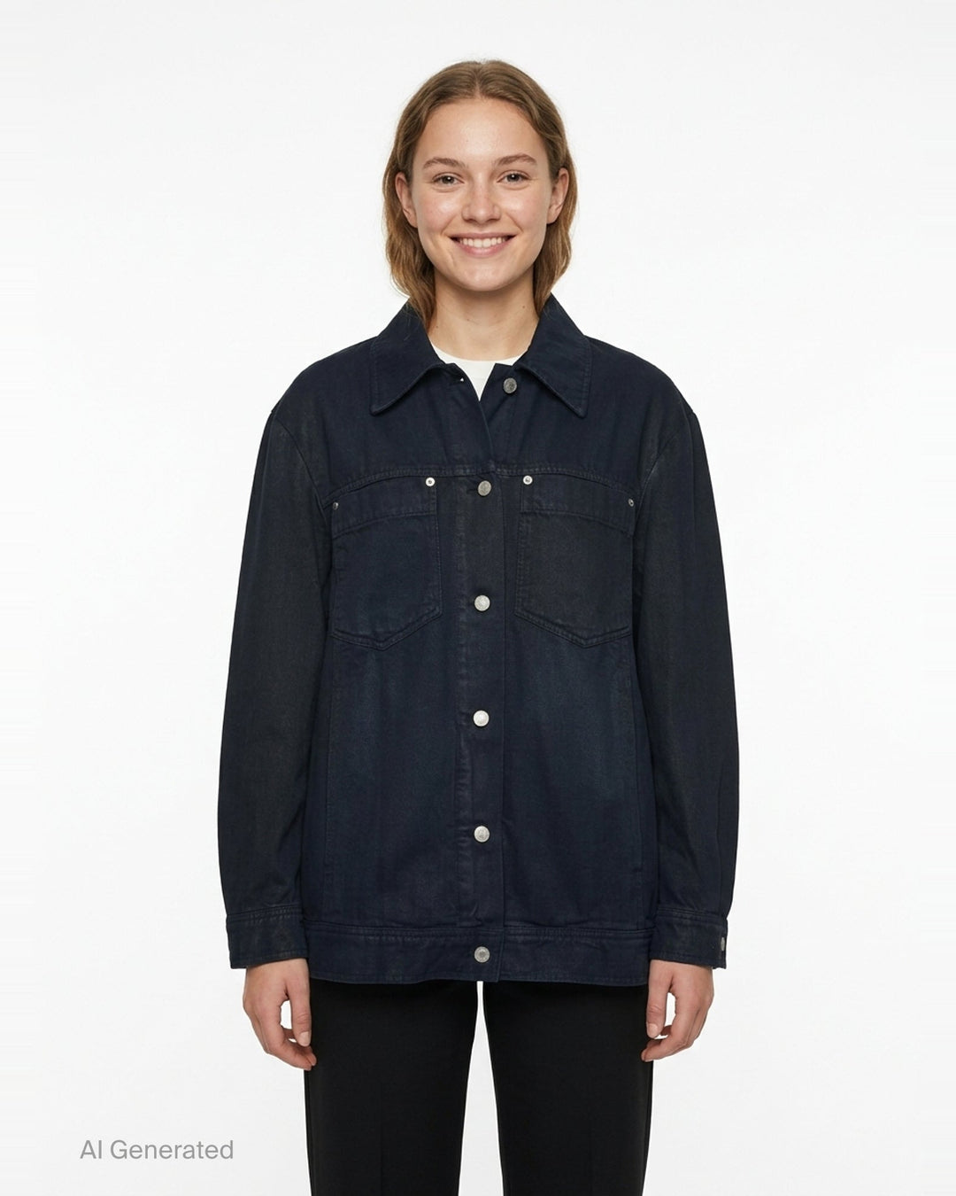 Dries Van Noten oversized black denim jacket with silver snap buttons, dual chest pockets, and trucker-style yoke seaming, displayed flat on a white background - front