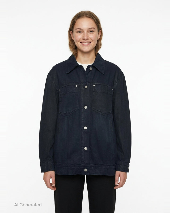 Dries Van Noten oversized black denim jacket with silver snap buttons, dual chest pockets, and trucker-style yoke seaming, displayed flat on a white background - front
