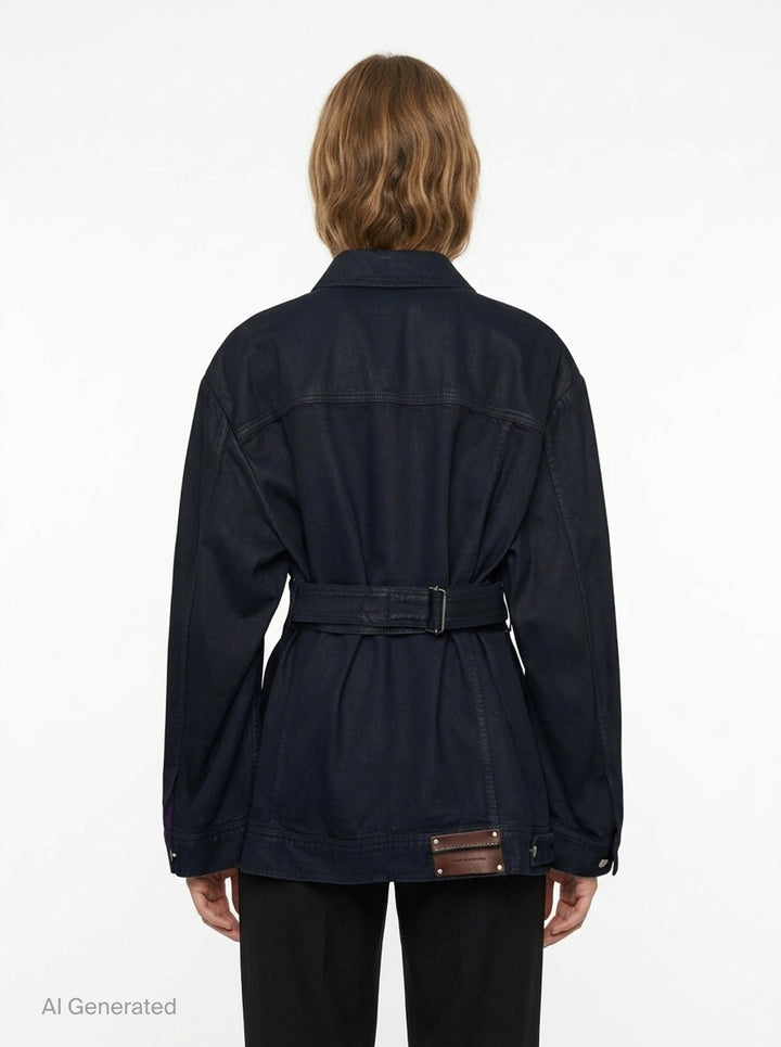 Dries Van Noten oversized black denim jacket with silver snap buttons, dual chest pockets, and trucker-style yoke seaming, displayed flat on a white background - back