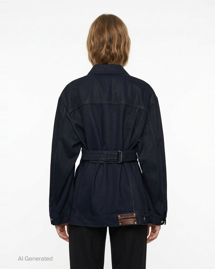 Dries Van Noten oversized black denim jacket with silver snap buttons, dual chest pockets, and trucker-style yoke seaming, displayed flat on a white background - back
