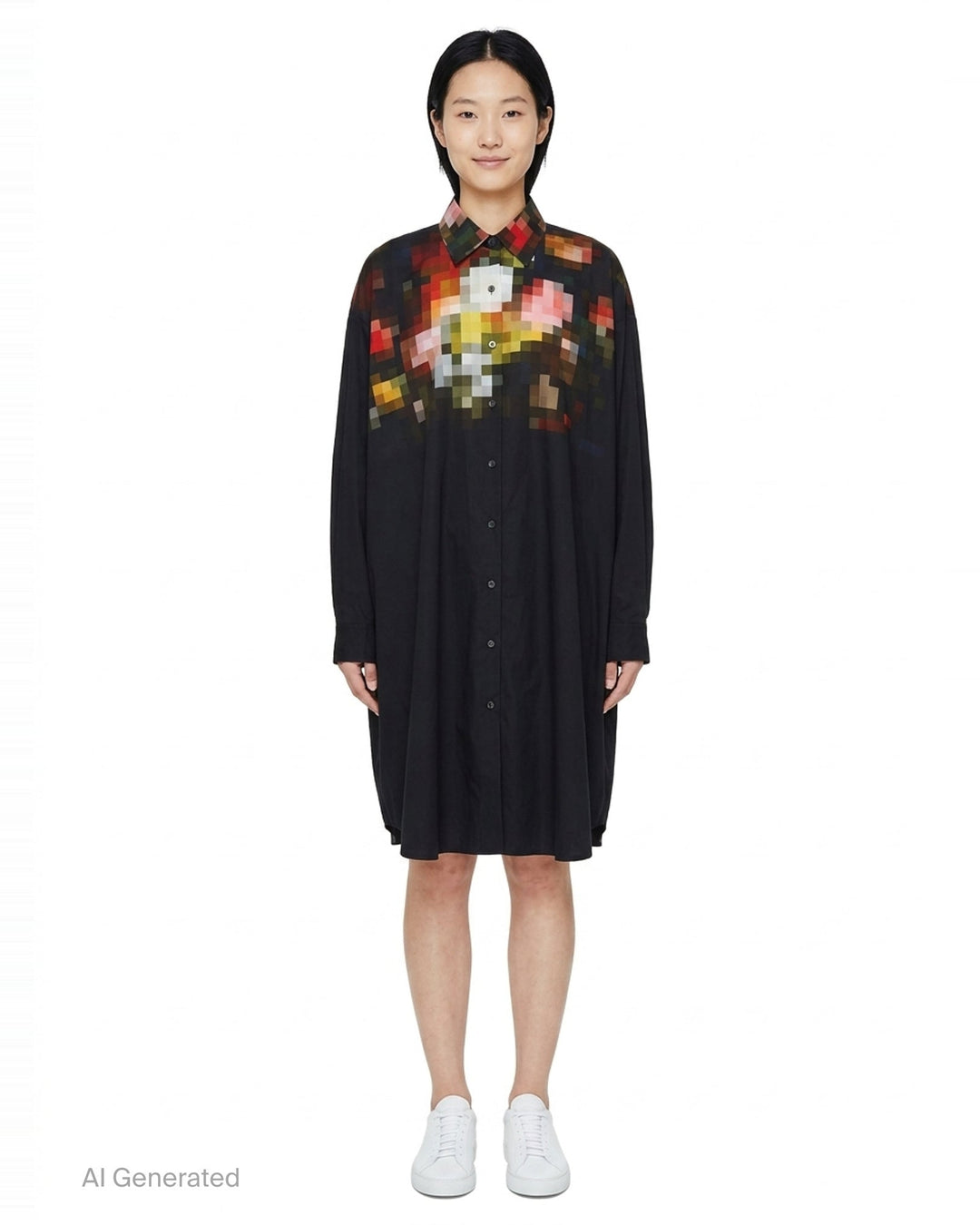 Dries Van Noten oversized shirt dress in black with a bold pixelated multicolour print across the yoke and shoulders, featuring a point collar and button-through front - front