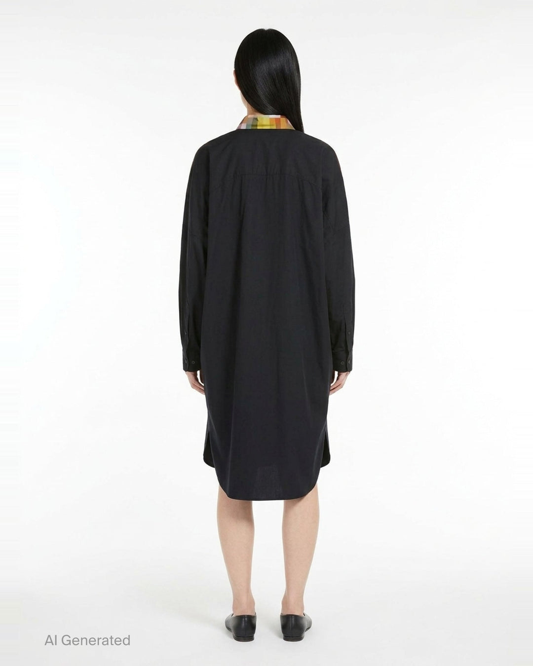 Dries Van Noten oversized shirt dress in black with a bold pixelated multicolour print across the yoke and shoulders, featuring a point collar and button-through front - back