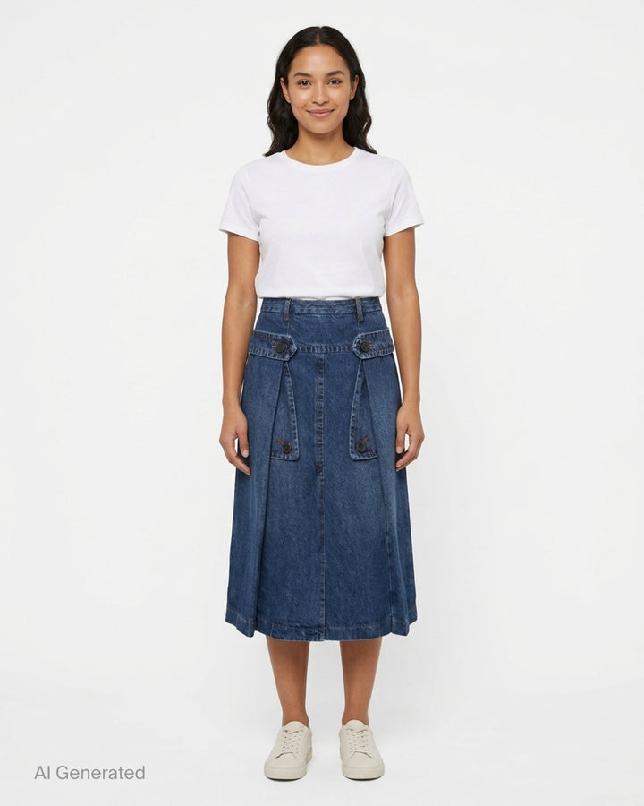 Dries Van Noten indigo wash denim midi skirt with buttoned flap pockets, inverted pleats, and a structured A-line silhouette, photographed flat on a white background - front