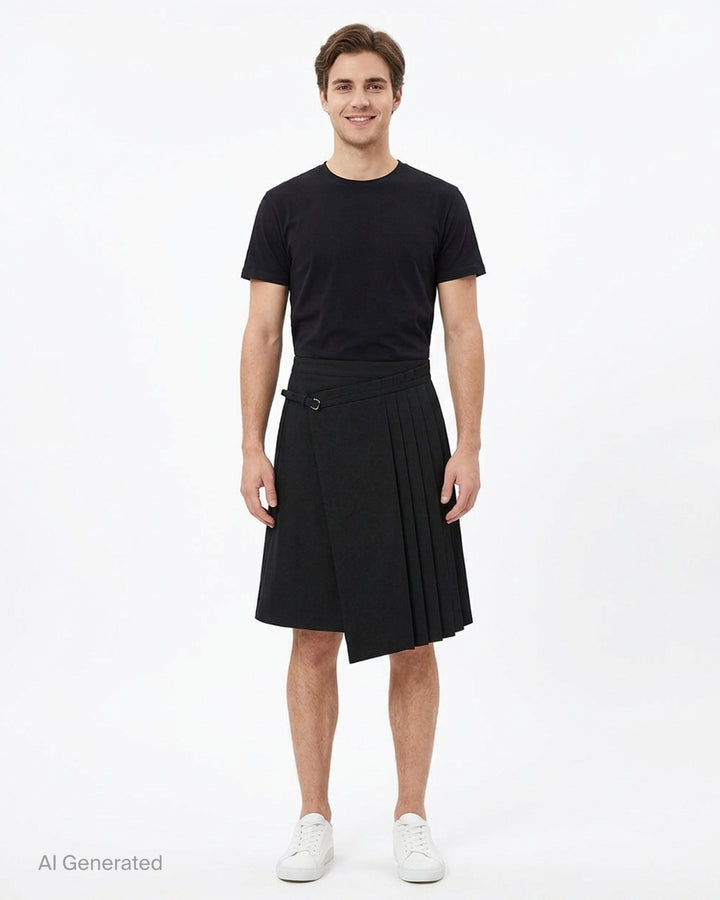 Dries Van Noten black pleated wrap kilt skirt with diagonal buckle waistband and asymmetric knife-pleated hem, shot on a white background - front