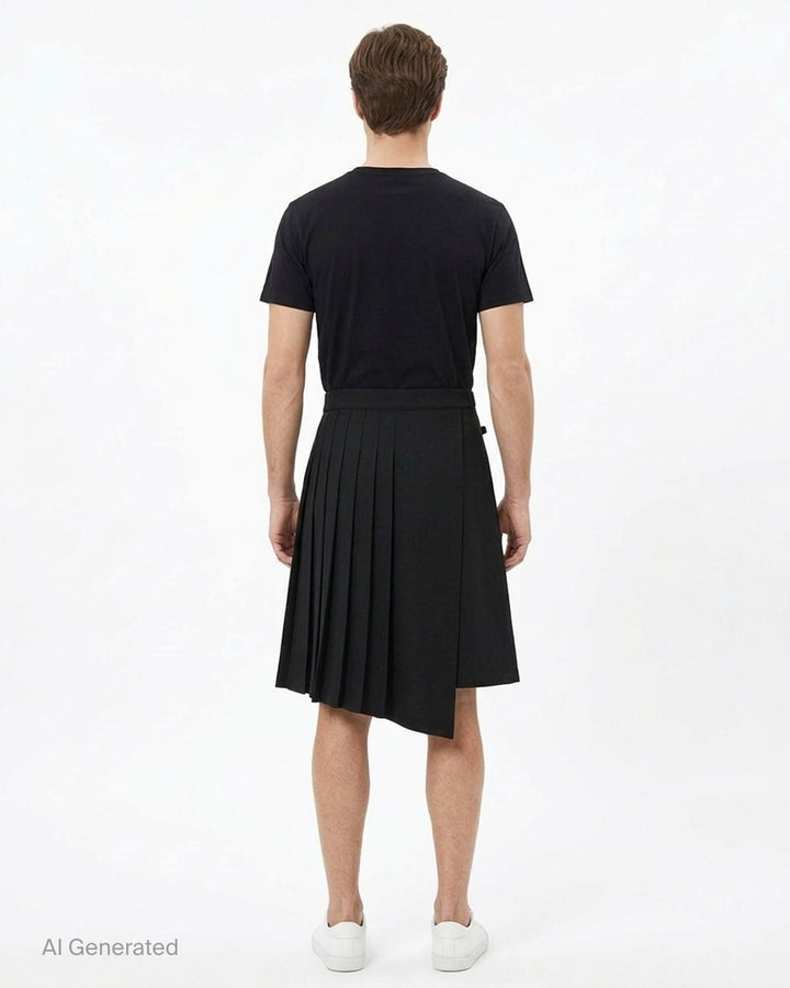 Dries Van Noten black pleated wrap kilt skirt with diagonal buckle waistband and asymmetric knife-pleated hem, shot on a white background - back