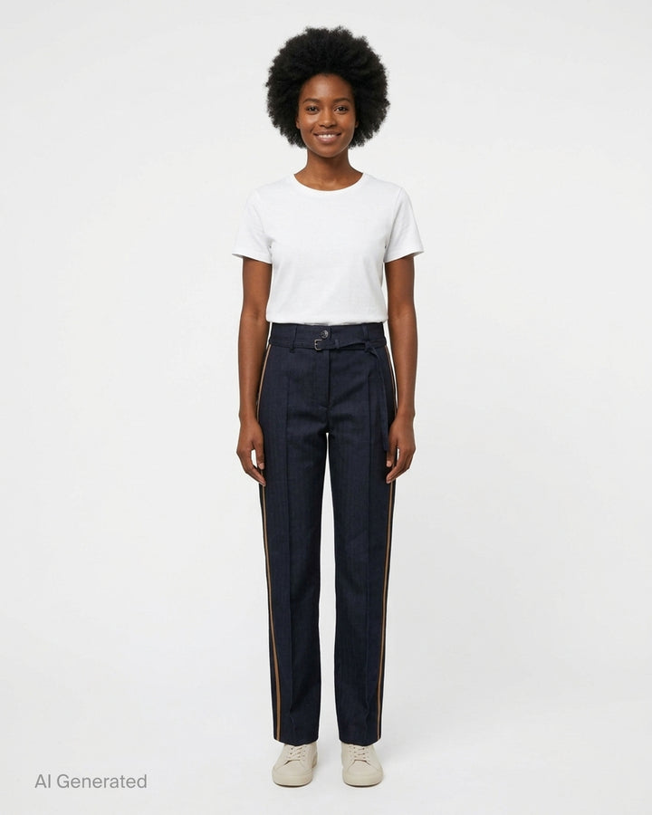 Dries Van Noten navy pleated high-rise trousers with gold contrast stripe along both outer seams and adjustable buckle tab waist closure - front