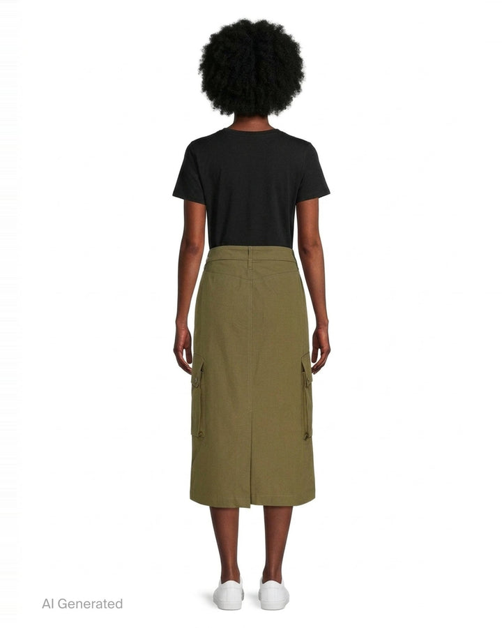 Dries Van Noten straight cargo midi skirt in olive khaki with four snap-button flap pockets, contrast topstitching, and a front centre hem slit - back