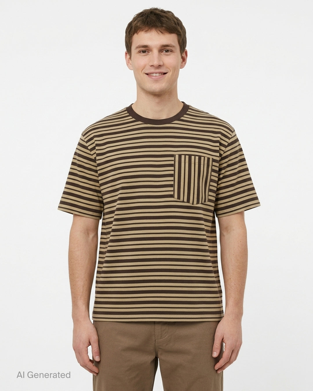 Dries Van Noten relaxed striped pocket t-shirt in multicolour horizontal stripes of burgundy, mustard, olive and grey, with a contrast vertical-stripe chest pocket and crew neck - front