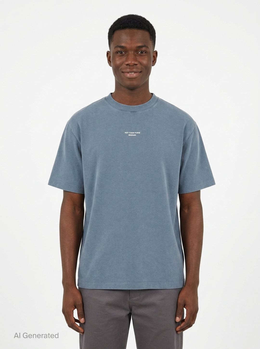 Drôle de Monsieur Classic Slogan Tee in washed slate blue with 'Not From Paris Madame' chest print, relaxed boxy fit, short sleeves, and ribbed crew neck - front