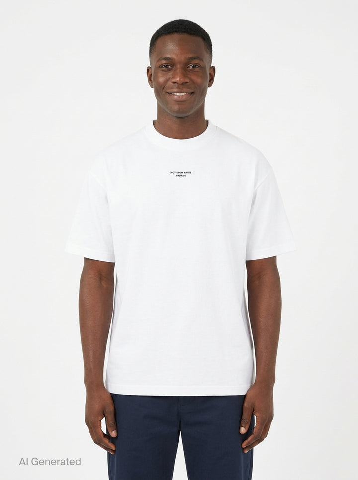Drôle de Monsieur Classic Slogan Tee in white with 'Not From Paris, Madame' chest print, relaxed oversized fit with crew neck and short sleeves - front