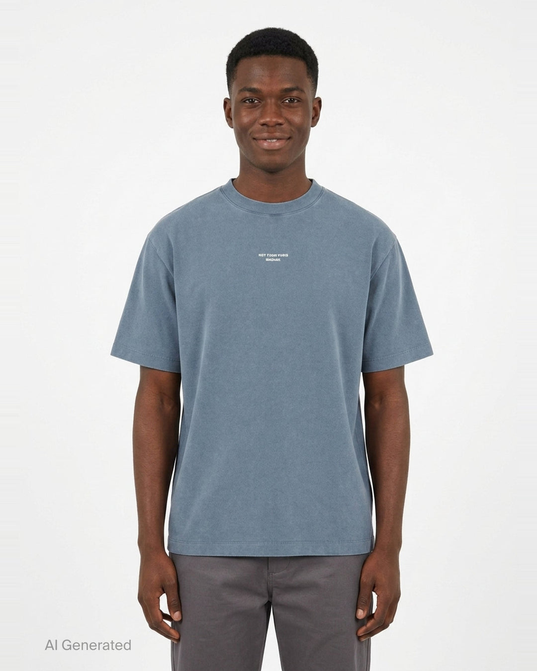 Drôle de Monsieur Classic Slogan Tee in washed slate blue with 'Not From Paris Madame' chest print, relaxed boxy fit, short sleeves, and ribbed crew neck - front
