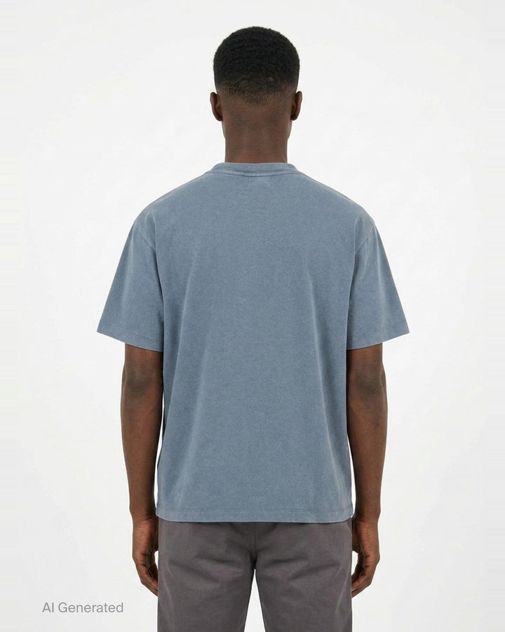 Drôle de Monsieur Classic Slogan Tee in washed slate blue with 'Not From Paris Madame' chest print, relaxed boxy fit, short sleeves, and ribbed crew neck - back