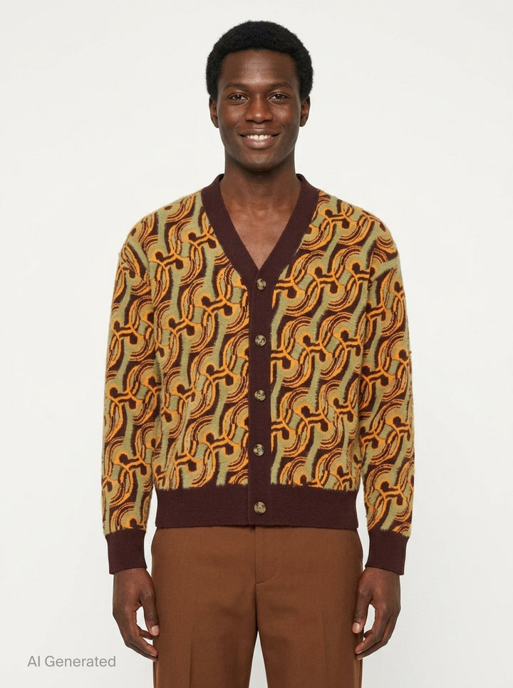 Drôle de Monsieur Mirror Abstrait Cardigan with all-over amber and sage swirl jacquard pattern, deep V-neck, burgundy ribbed trims, and horn-effect button fastening - front