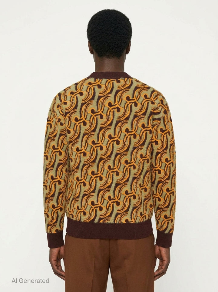 Drôle de Monsieur Mirror Abstrait Cardigan with all-over amber and sage swirl jacquard pattern, deep V-neck, burgundy ribbed trims, and horn-effect button fastening - back