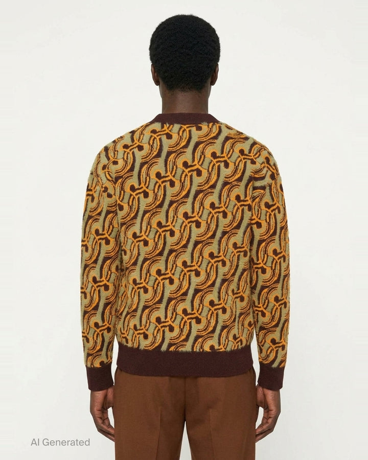Drôle de Monsieur Mirror Abstrait Cardigan with all-over amber and sage swirl jacquard pattern, deep V-neck, burgundy ribbed trims, and horn-effect button fastening - back