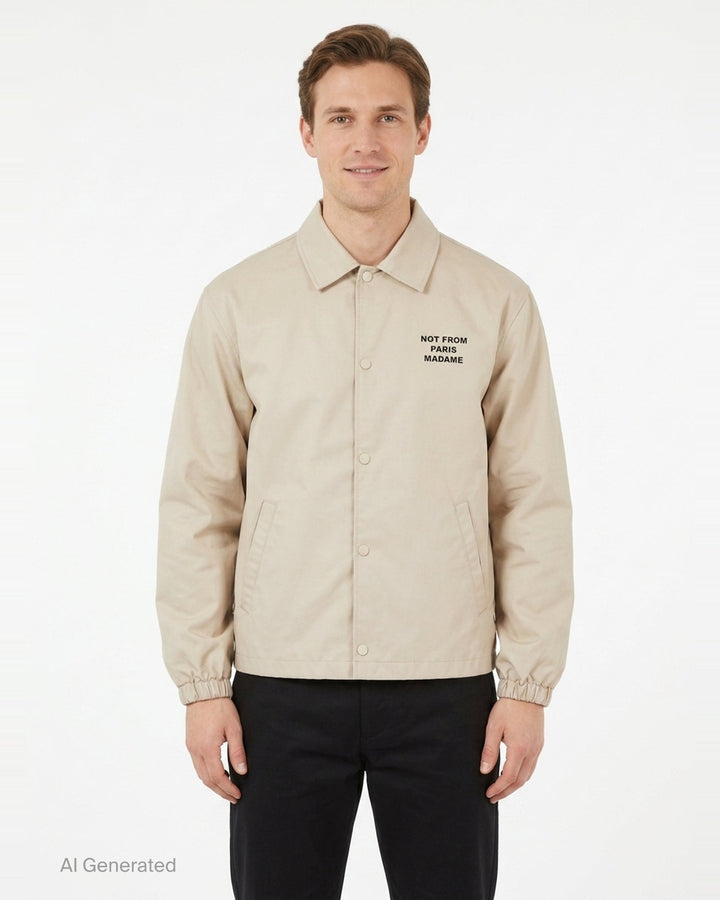 Drôle de Monsieur Not From Paris Madame slogan coach jacket in ecru with snap-button closure, point collar, elasticated cuffs, and embroidered chest slogan - front