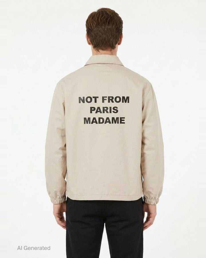 Drôle de Monsieur Not From Paris Madame slogan coach jacket in ecru with snap-button closure, point collar, elasticated cuffs, and embroidered chest slogan - back