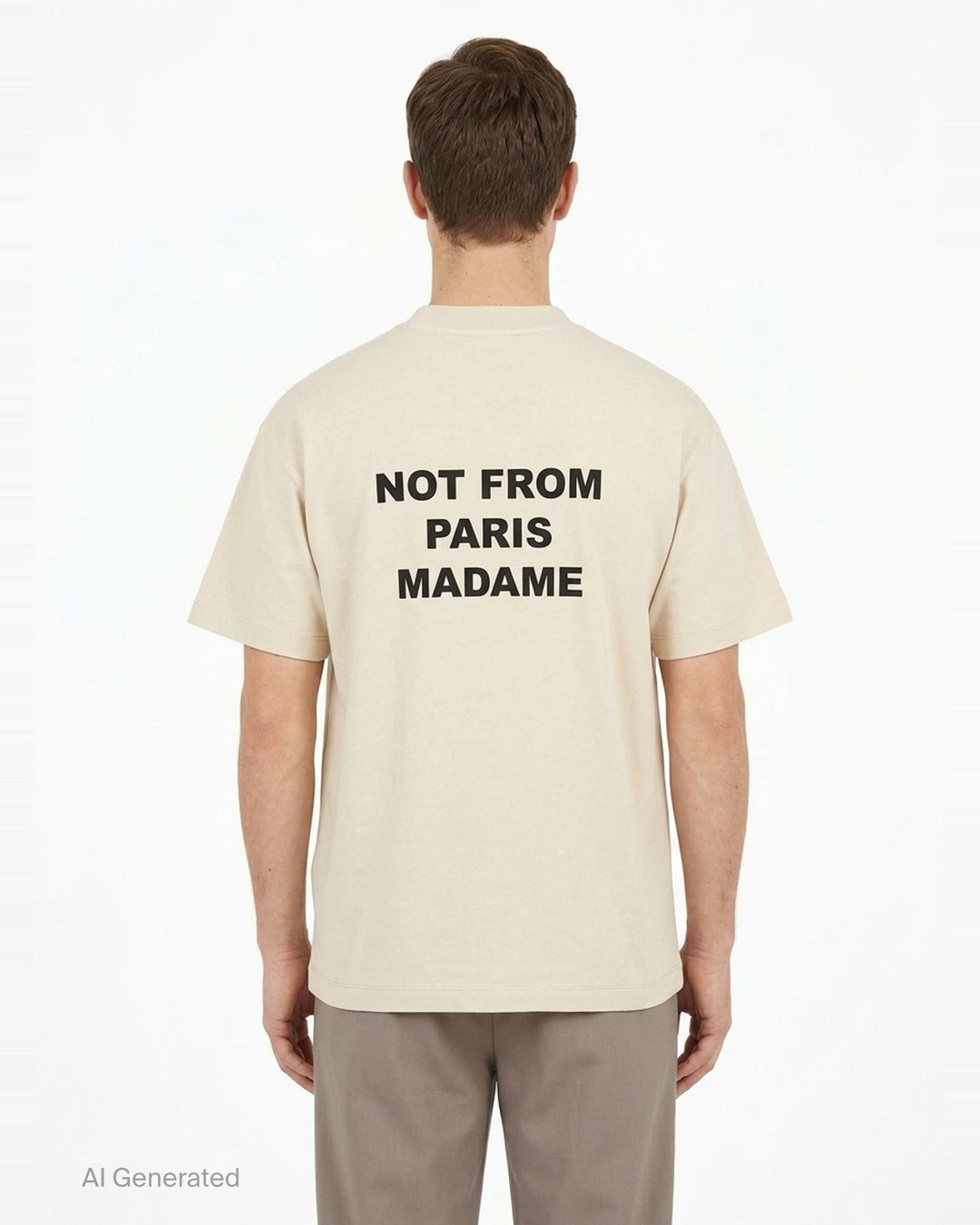 Drôle de Monsieur Not From Paris Madame slogan tee in cream with bold black chest text print, boxy fit, crew neck - back