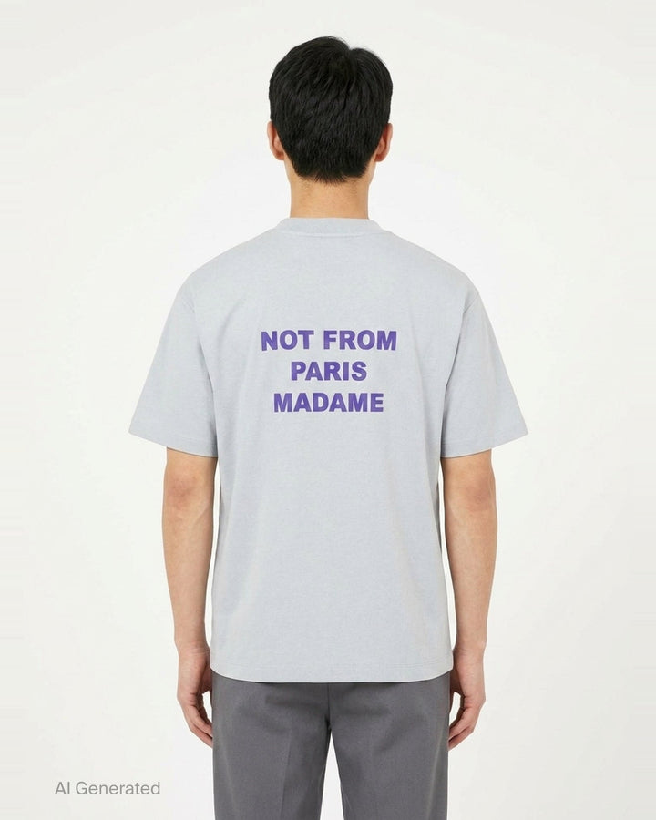 Drôle de Monsieur Not From Paris Madame pale grey oversized cotton tee with purple slogan print on the chest - back
