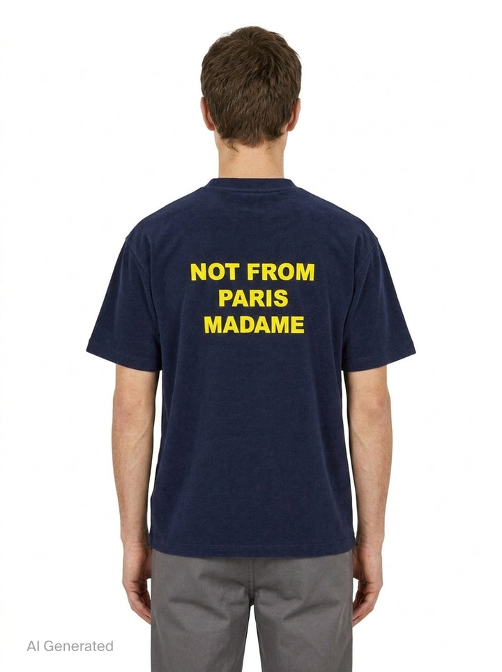 Drôle de Monsieur Not From Paris Madame navy short sleeve oversized tee with yellow slogan print on the chest - back