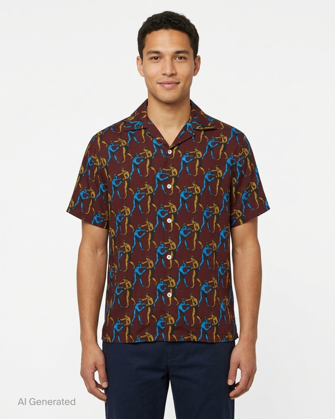Drôle de Monsieur Notcha short sleeve shirt with an all-over vintage boxing print in blue and ochre on burgundy, featuring a camp collar and white buttons - front
