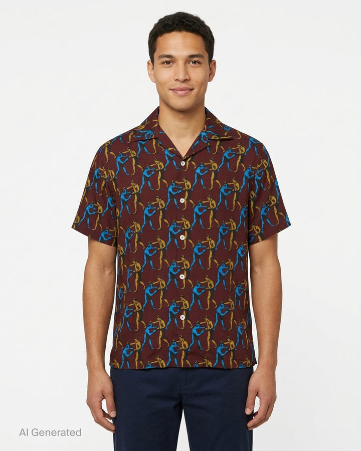Drôle de Monsieur Notcha short sleeve shirt with an all-over vintage boxing print in blue and ochre on burgundy, featuring a camp collar and white buttons - front