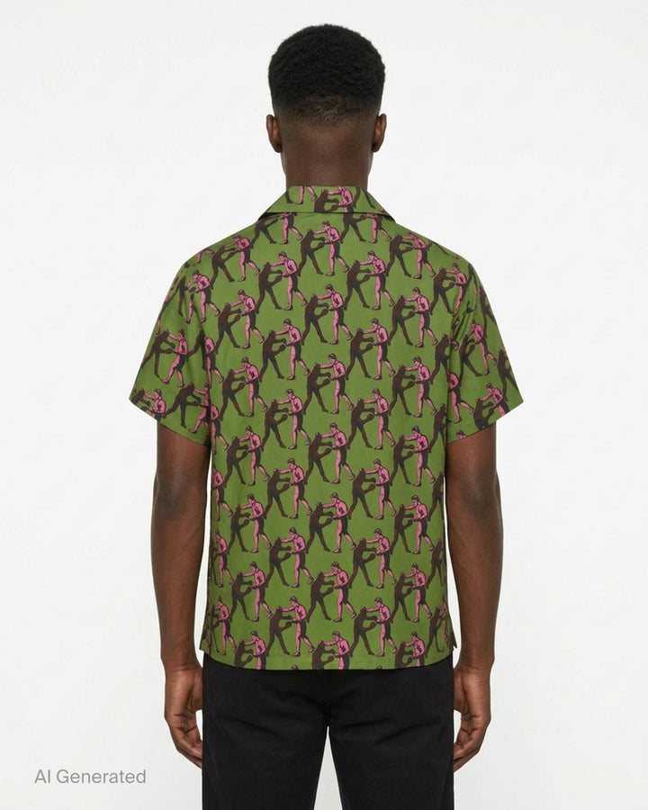 Drôle de Monsieur Notcha short sleeve shirt in green with an all-over pink and burgundy vintage boxing print, camp collar and white buttons - back