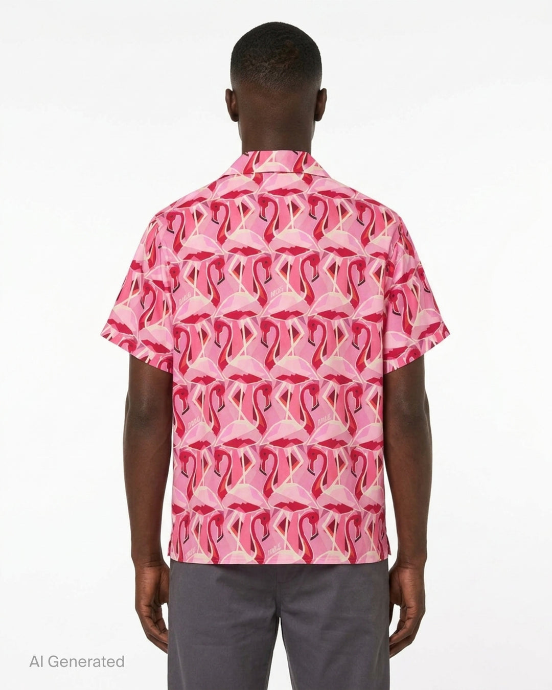 Drôle de Monsieur Notcha short sleeve shirt with an allover geometric pink and red flamingo print, camp collar and front button closure - back