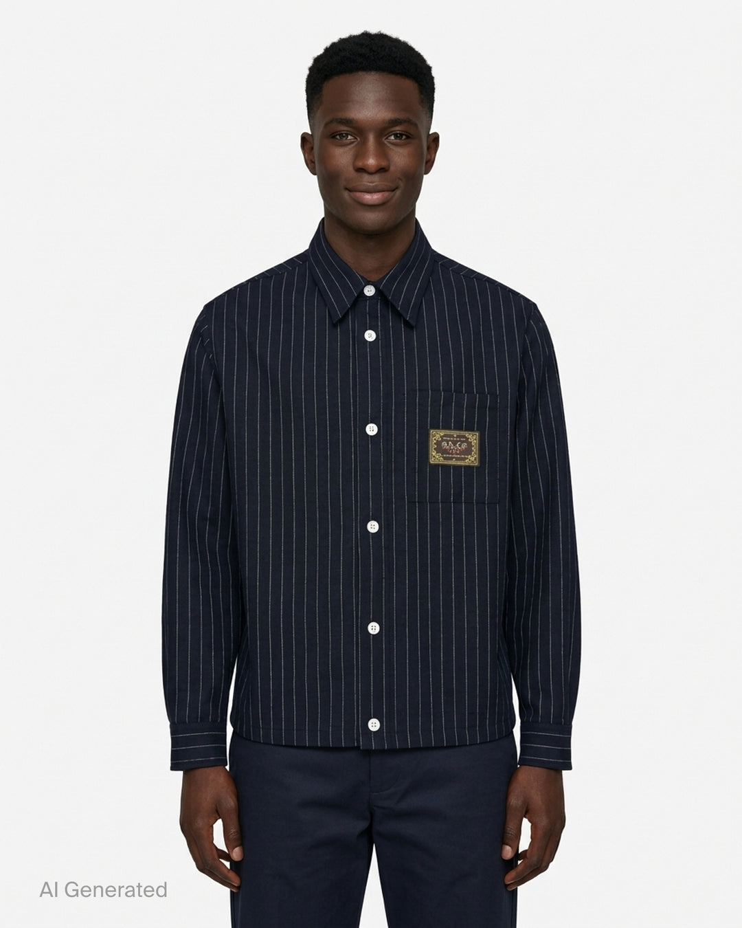 Drôle de Monsieur navy pinstripe long sleeve shirt with white buttons and a woven label on the chest pocket - front