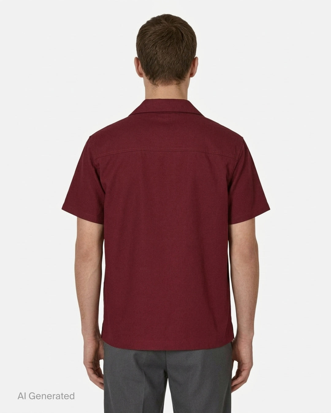 Drôle de Monsieur burgundy short sleeve camp collar shirt with white embroidered illustration of three women at a roulette table - back