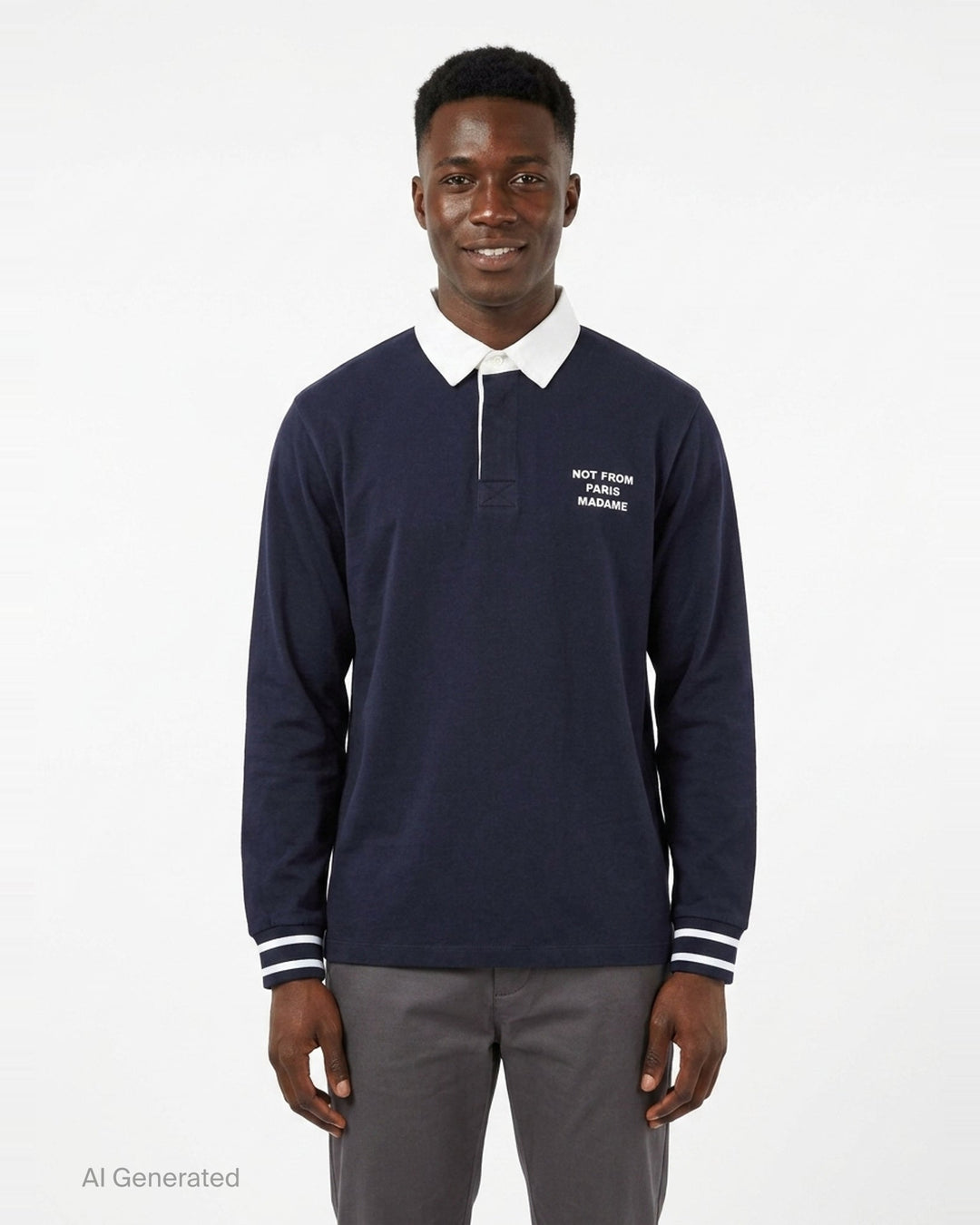 Drôle de Monsieur Slogan Long Sleeve Polo in navy with contrast white collar, striped ribbed cuffs, and 'Not From Paris Madame' chest embroidery - front