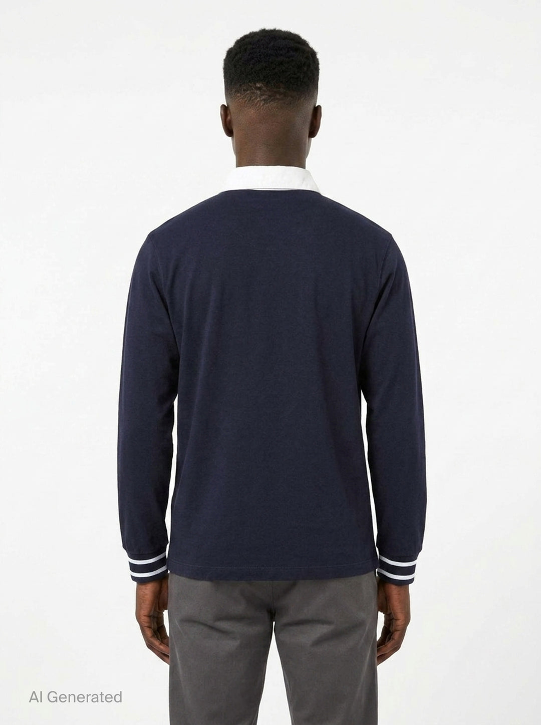 Drôle de Monsieur Slogan Long Sleeve Polo in navy with contrast white collar, striped ribbed cuffs, and 'Not From Paris Madame' chest embroidery - back